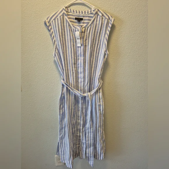 J Crew Blue White Vertical Striped Long Maxi Dress Linen Button Front Size XS - Picture 1 of 8